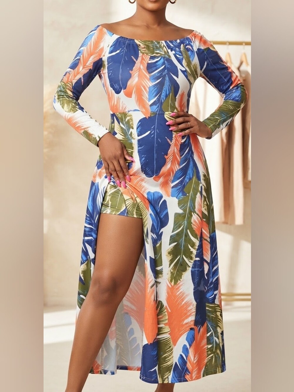 Tropical Leaf Long Sleeve Split Maxi Dress - Blue/Green/Orange